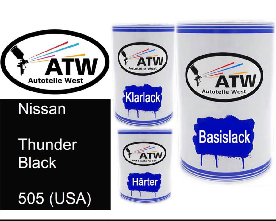 Nissan, Thunder Black, 505 (USA): 500ml Lackdose + 500ml Klarlack + 250ml Härter - Set, von ATW Autoteile West.